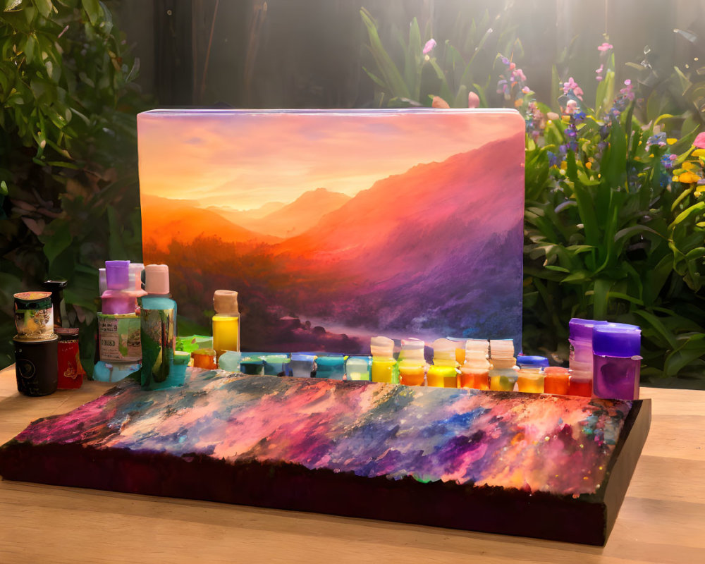 Vibrant sunset painting with palette, paint bottles, and flowers