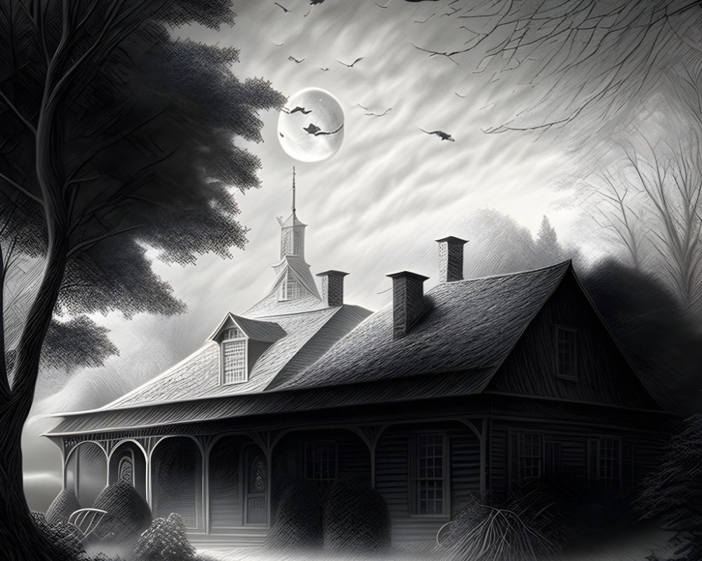 Monochrome image of classic house with steeple, barren trees, bats, full moon