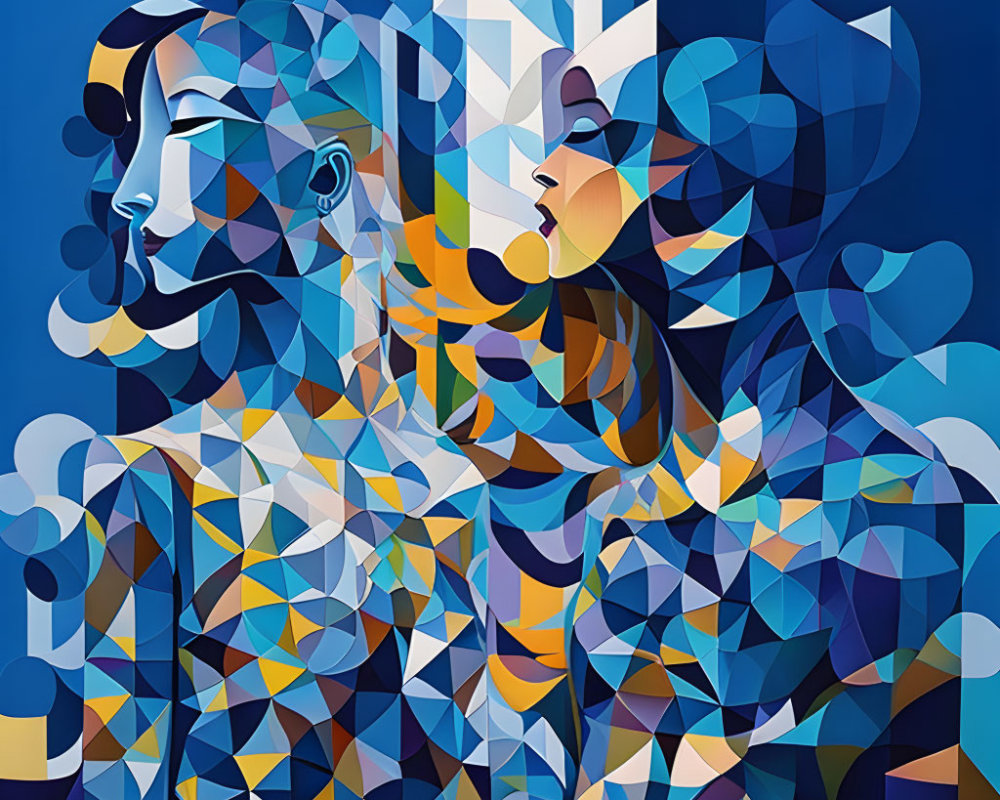 Geometric Abstract Art: Two Faces in Profile with Vibrant Blue Hues