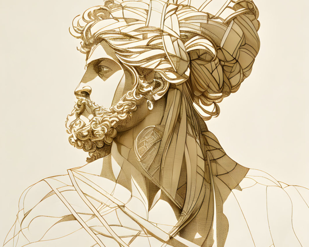 Classical Male Bust Illustration with Geometric and Linear Design on Beige Background