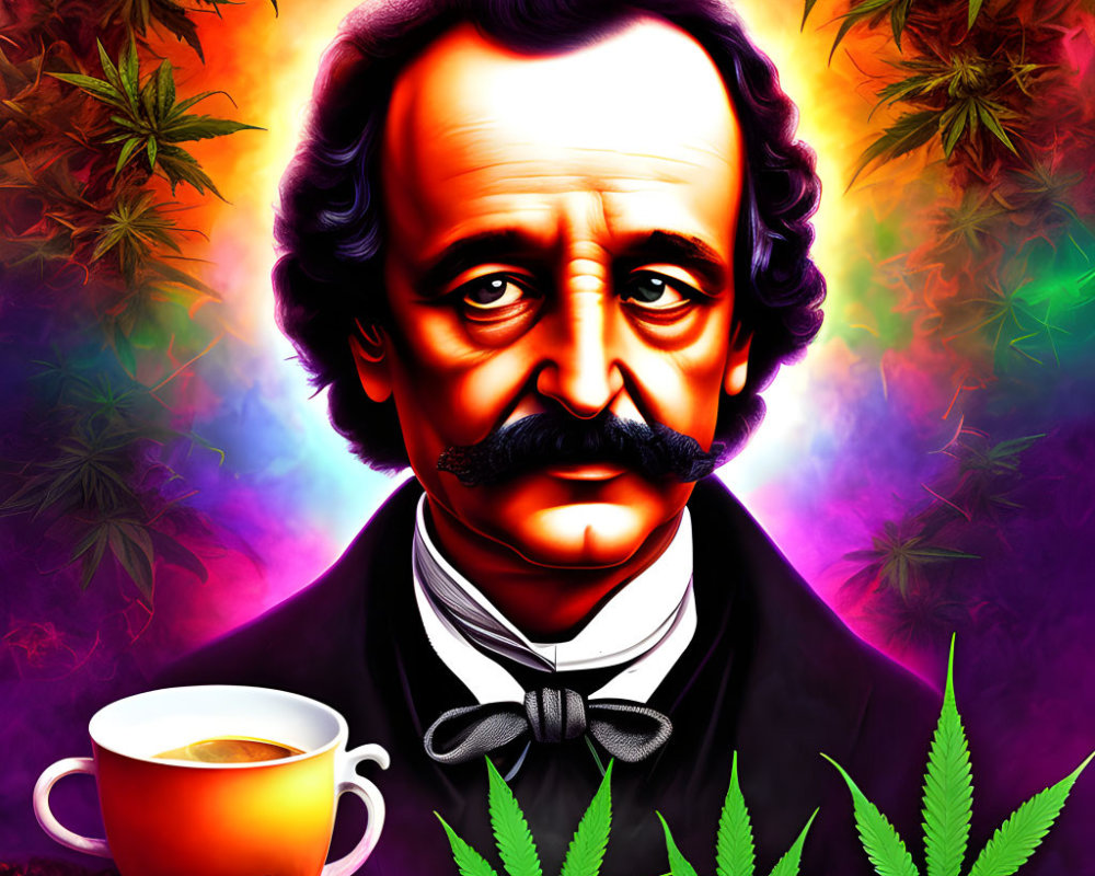 Edgar Allan Poe illustration with coffee cup, cannabis leaves, and fiery colors
