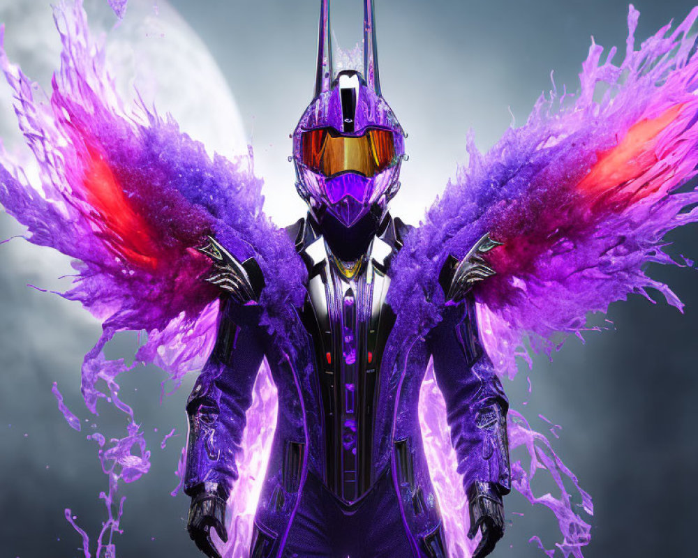 Armored figure with energy wings in futuristic setting