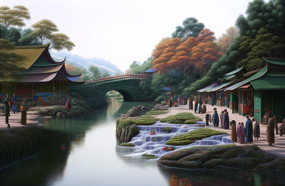 Asian village scene with historic attire, pagoda buildings, stone bridge, river, trees, and water