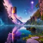 Surreal landscape with vibrant waterfall, serene lake, misty atmosphere, lush cliffs, under star