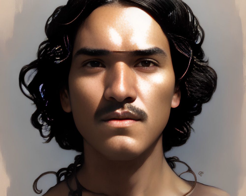 Young man with curly hair and mustache in digital portrait