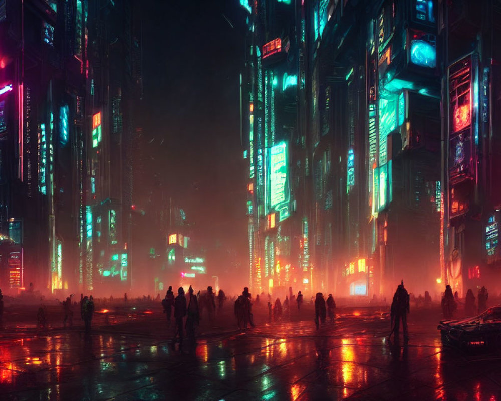 Vibrant neon-lit futuristic cityscape with skyscrapers and bustling street