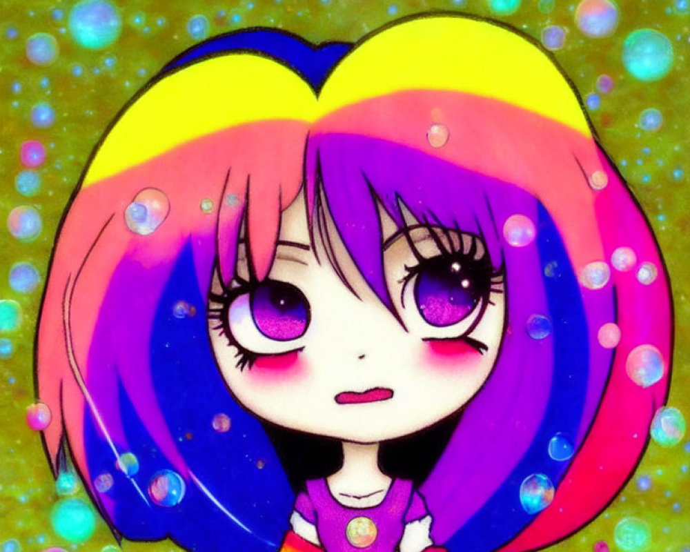Stylized girl with rainbow hair and purple eyes on yellow background