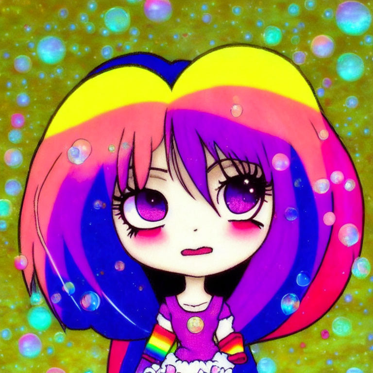 Stylized girl with rainbow hair and purple eyes on yellow background