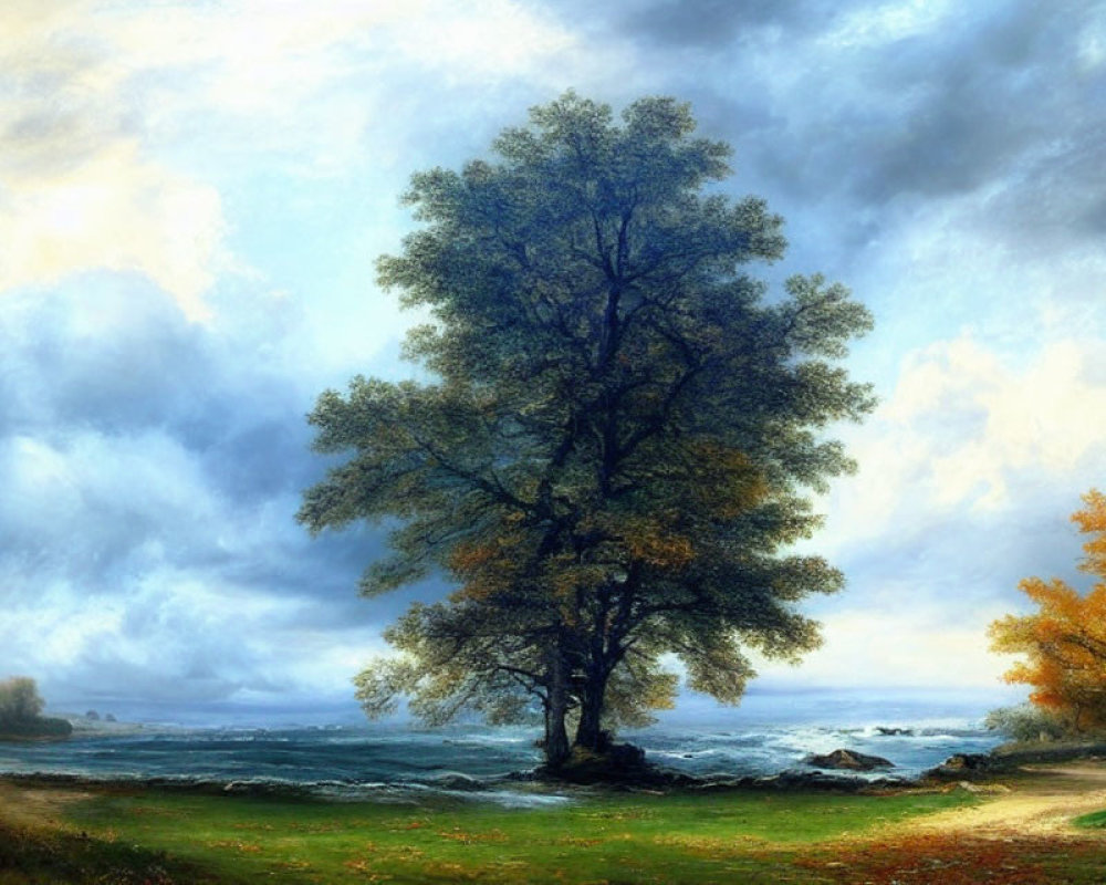Majestic tree by turbulent sea in vivid landscape painting
