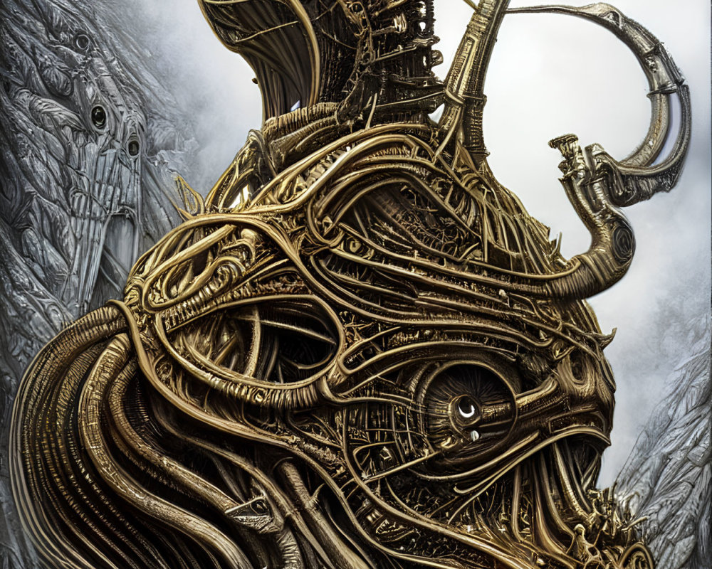 Detailed biomechanical alien structure on grey background