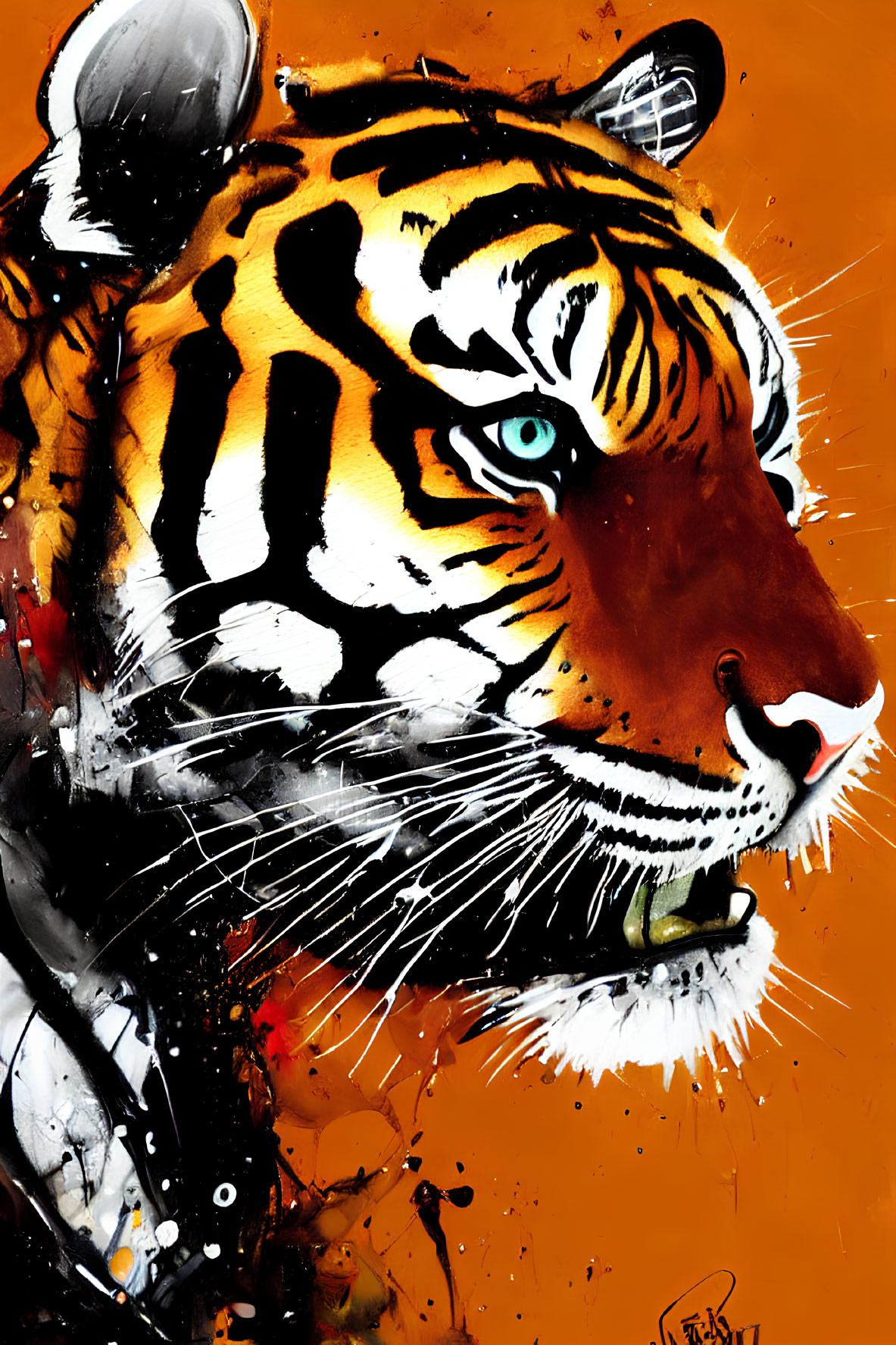 Digital Art: Tiger Head With Blue Eyes on Orange Background