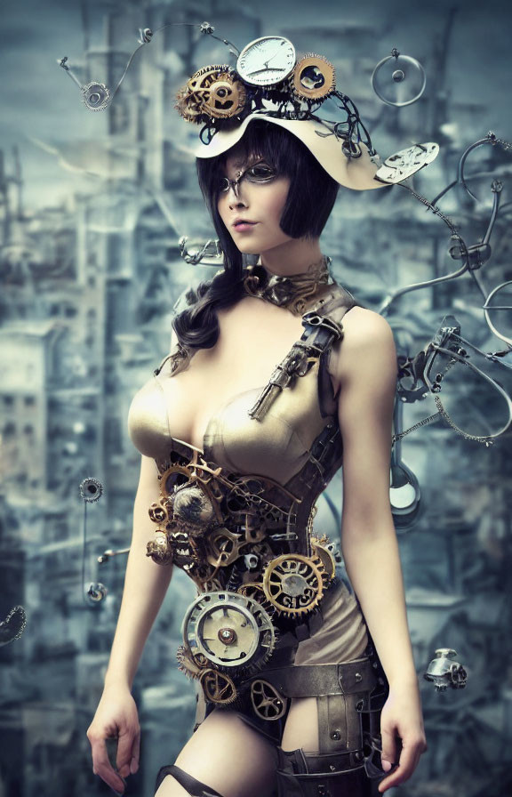 Steampunk-themed woman with corset, goggles, gear accessories, and floating clockwork hat