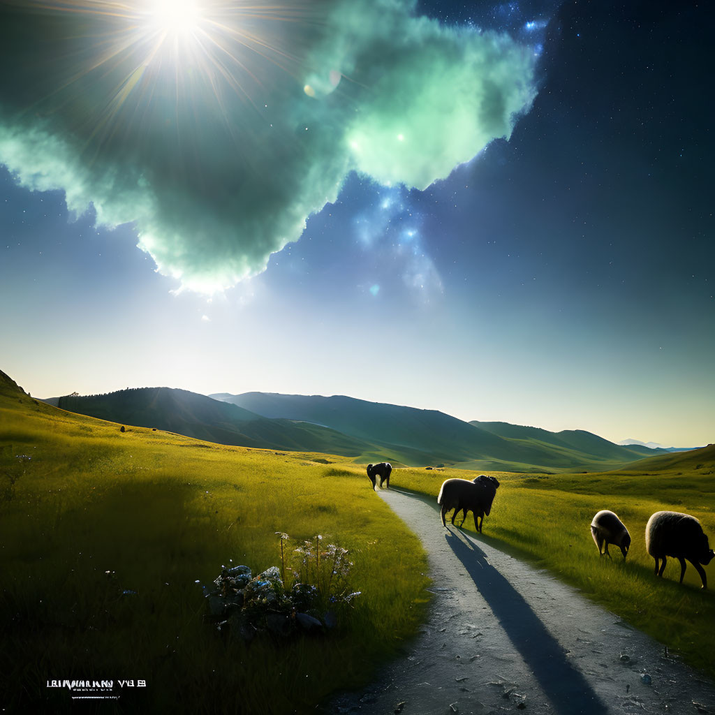 Rural landscape with grazing sheep under starry sky