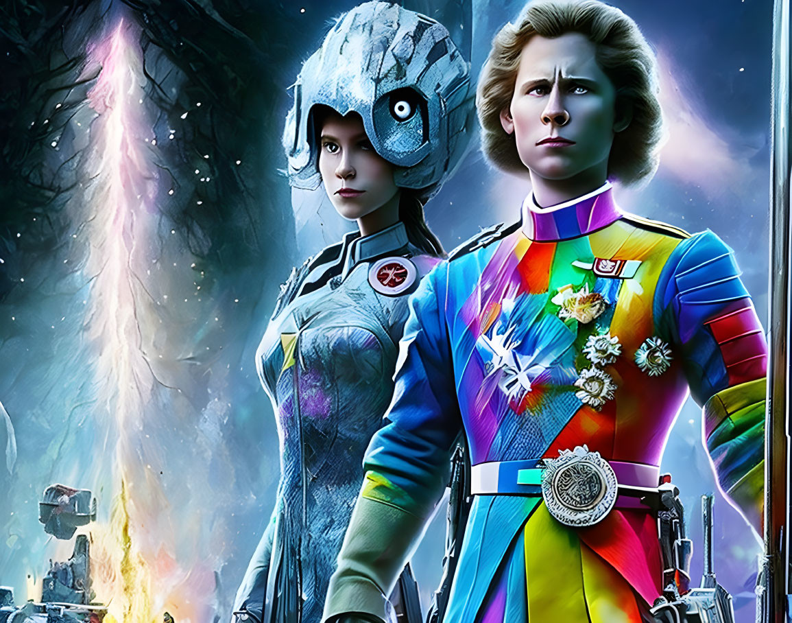 Futuristic characters in elaborate uniforms against cosmic background