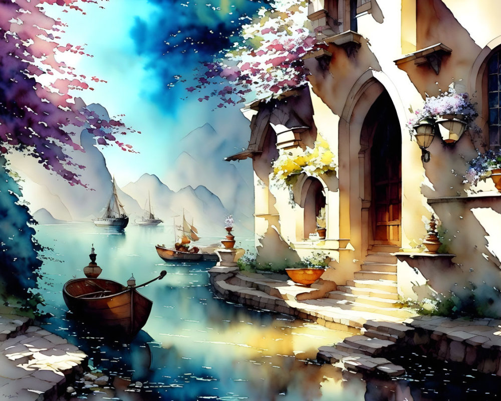 Serene coastal scene with boats, blossoming trees, and charming buildings