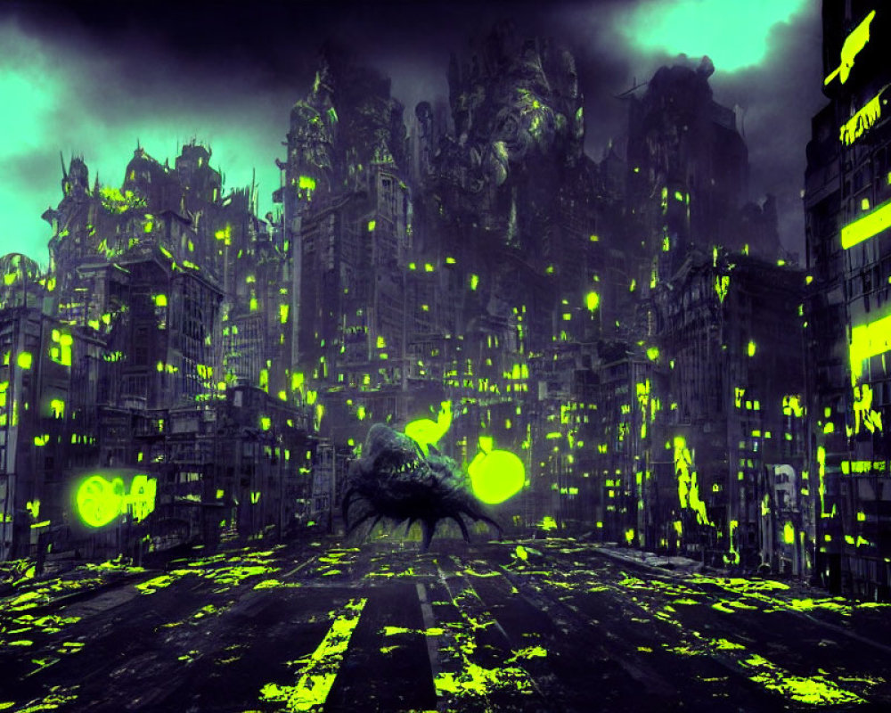 Dystopian cityscape with neon green accents and dark buildings, large creature in center