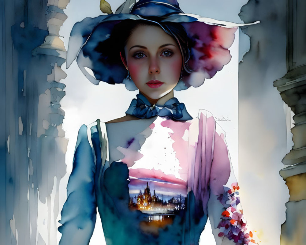 Stylized portrait of woman with wide-brimmed hat, watercolor blend effect, cityscape