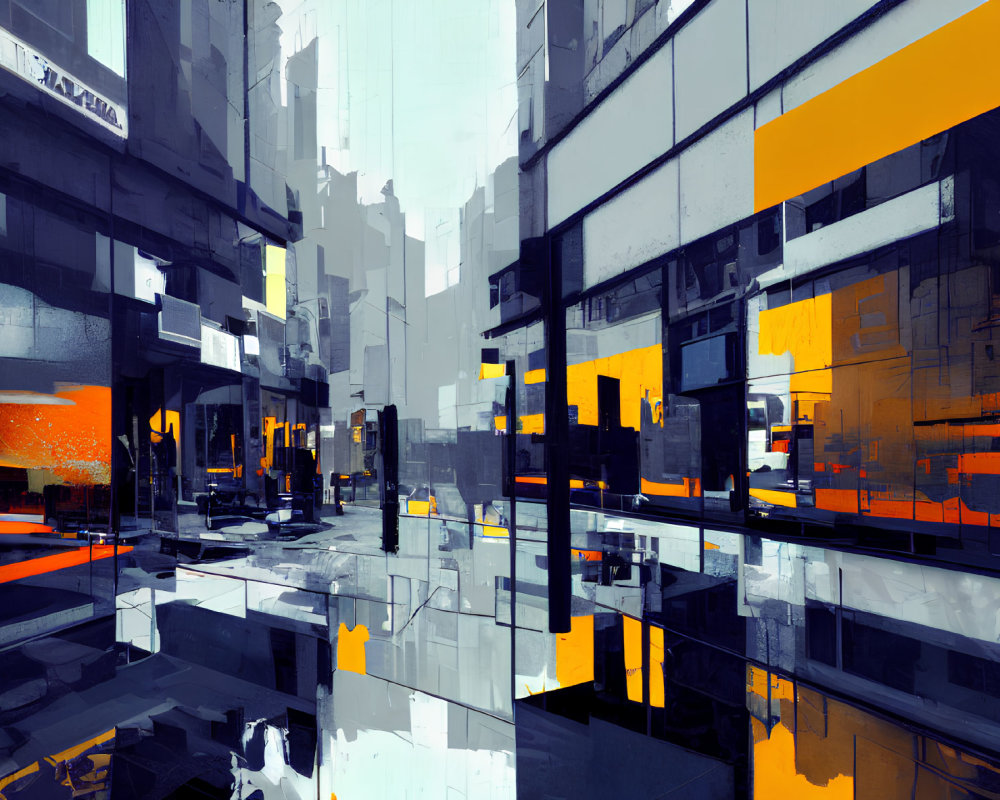 Urban environment digital art with blue and orange tones, reflective surfaces, and geometric shapes