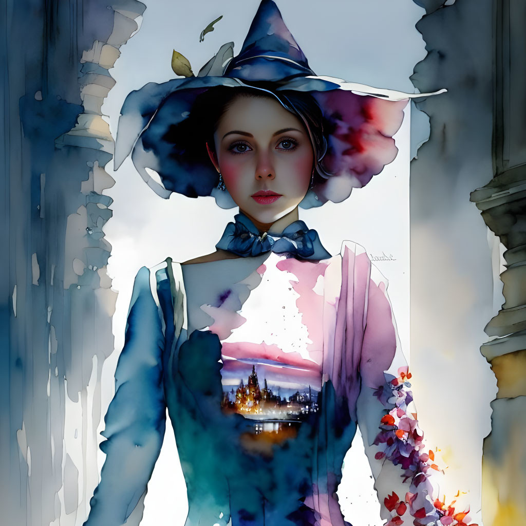 Stylized portrait of woman with wide-brimmed hat, watercolor blend effect, cityscape