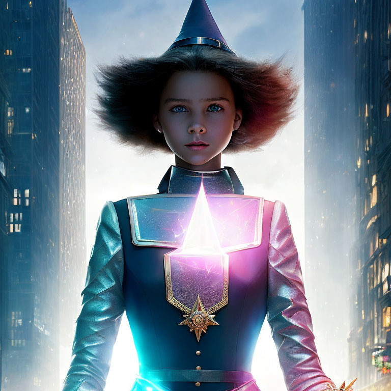 Futuristic digital art portrait of girl in blue uniform with pink gem in city landscape