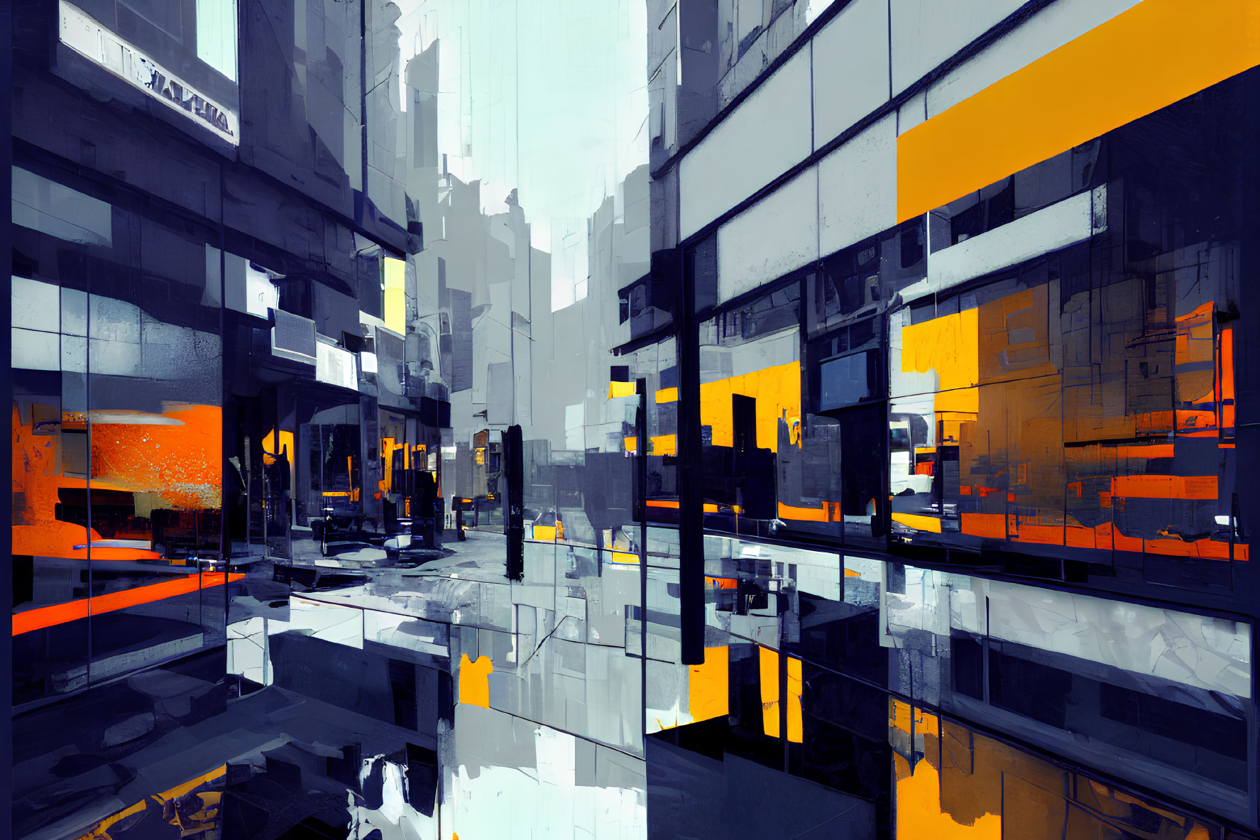 Urban environment digital art with blue and orange tones, reflective surfaces, and geometric shapes