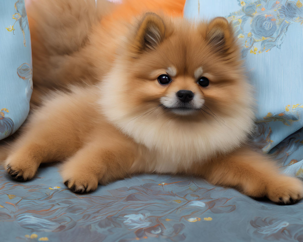 Fluffy Pomeranian Dog on Blue Floral Pillow