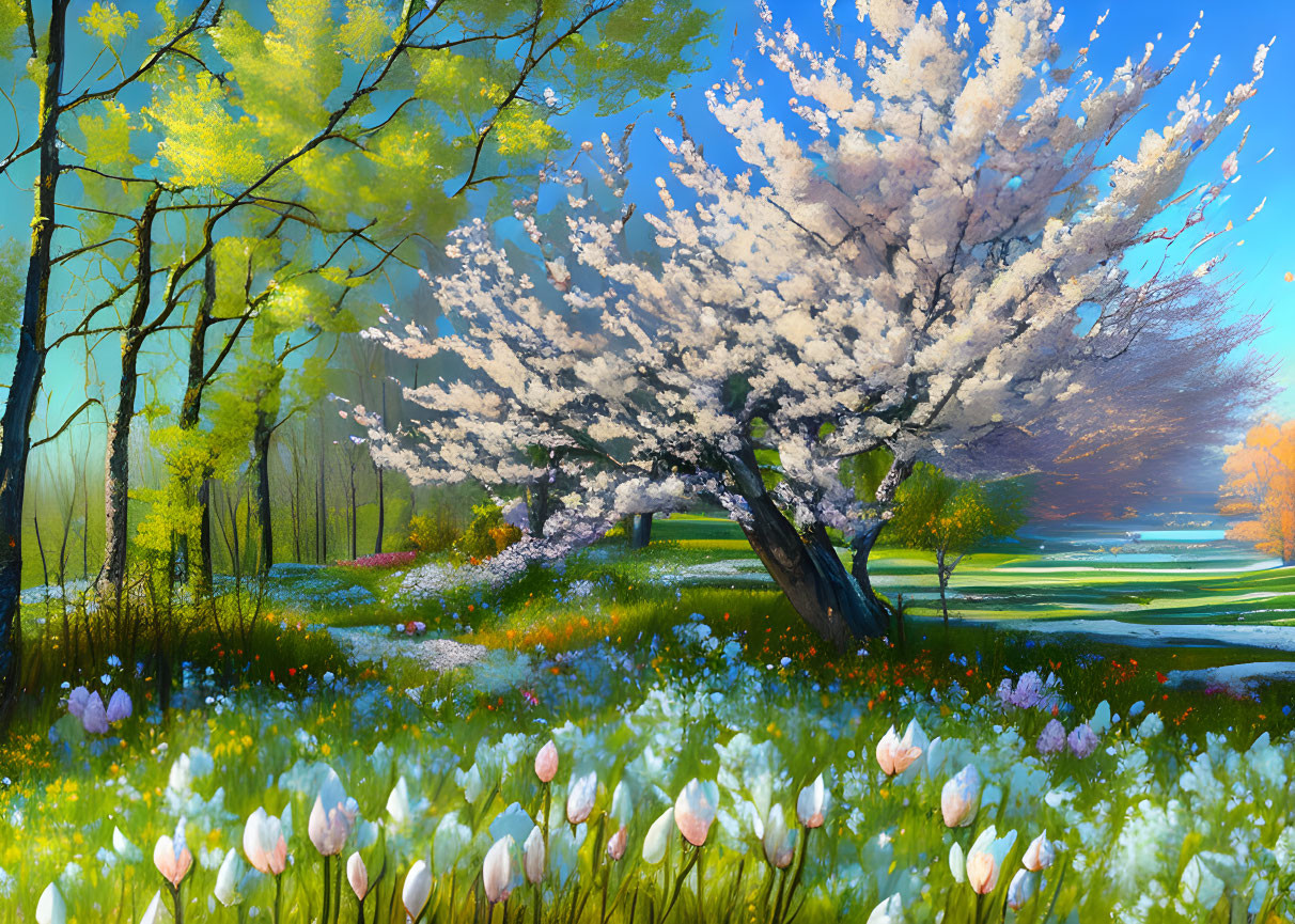 Colorful Spring Landscape with Cherry Tree, Tulips, and Stream