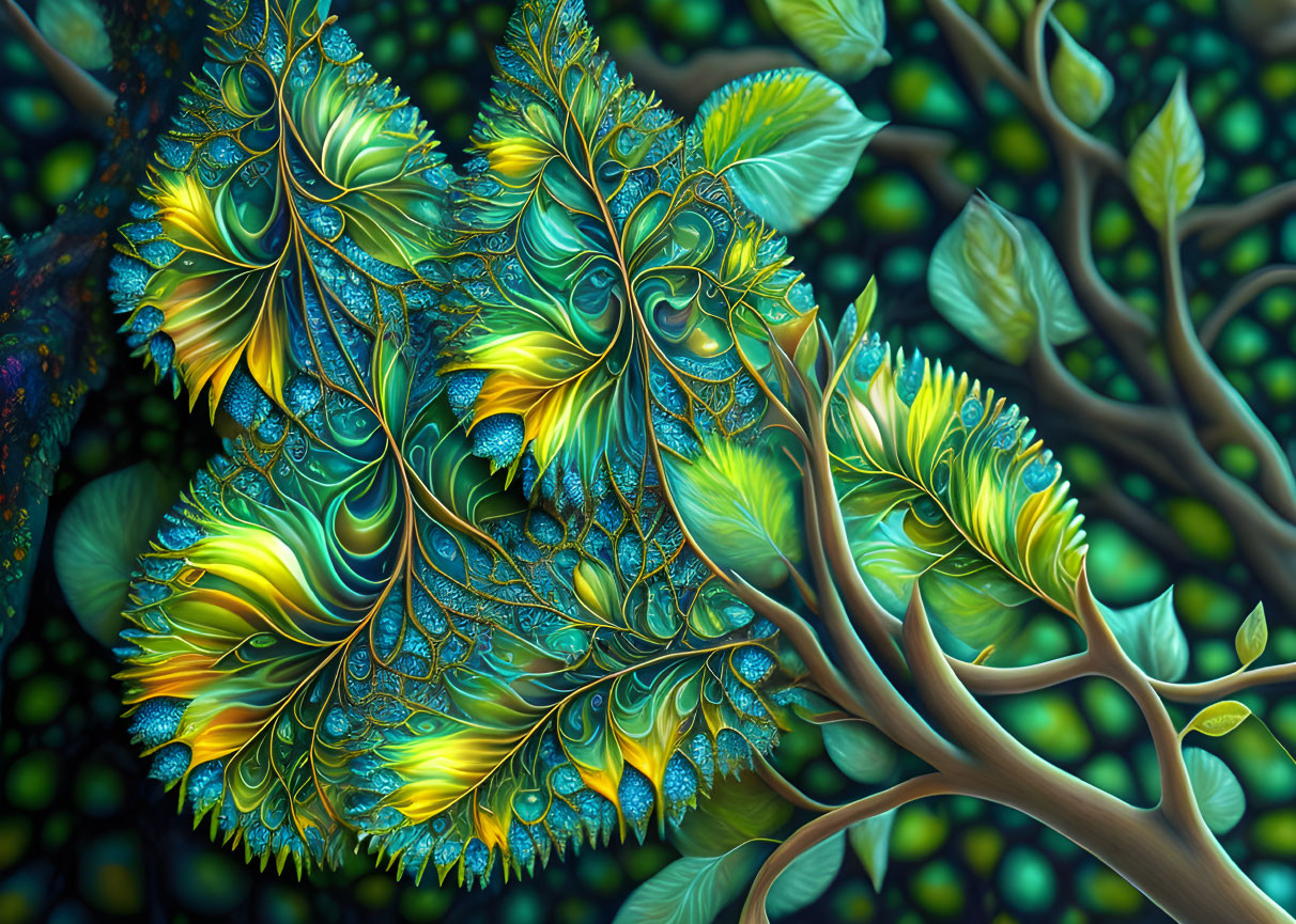 Detailed digital artwork: Blue and gold leaf patterns with fractal tree structure