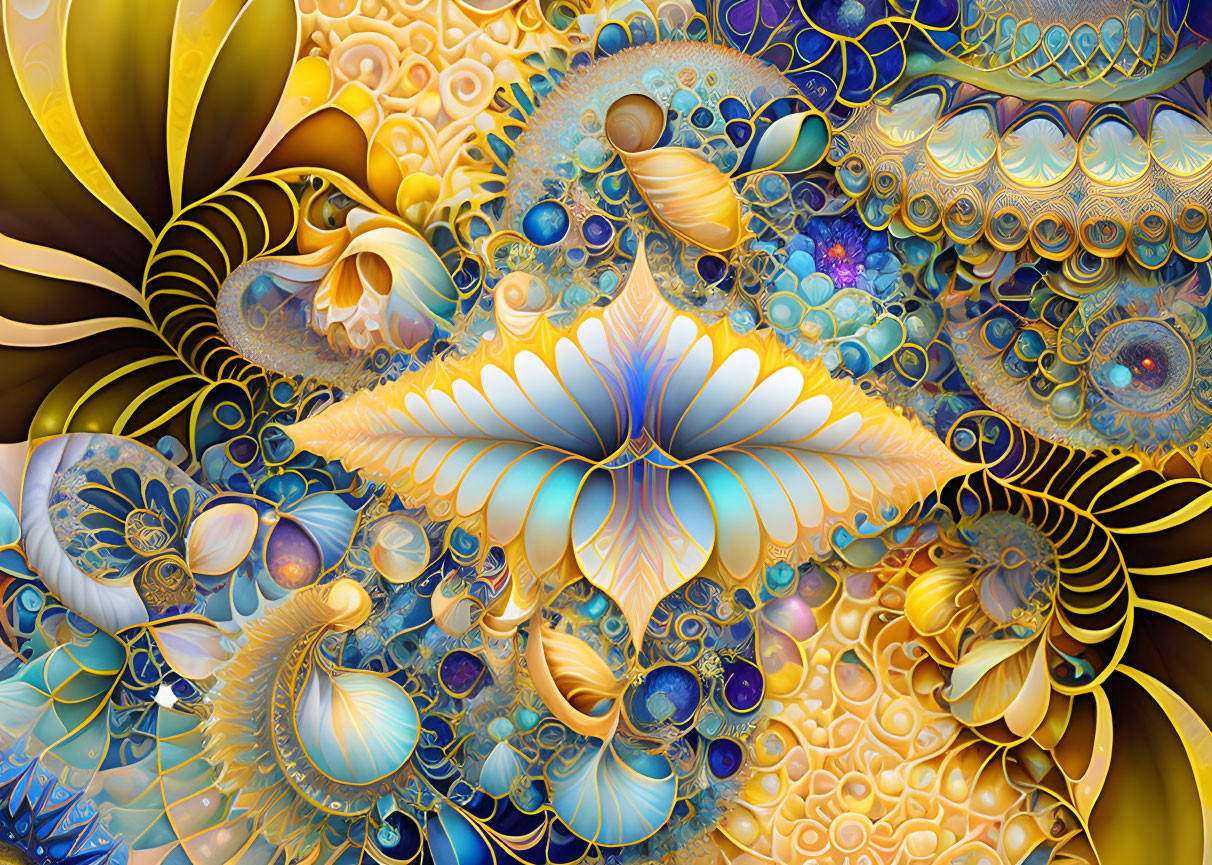 Intricate Blue, Gold, and White Fractal Spiral Floral Patterns