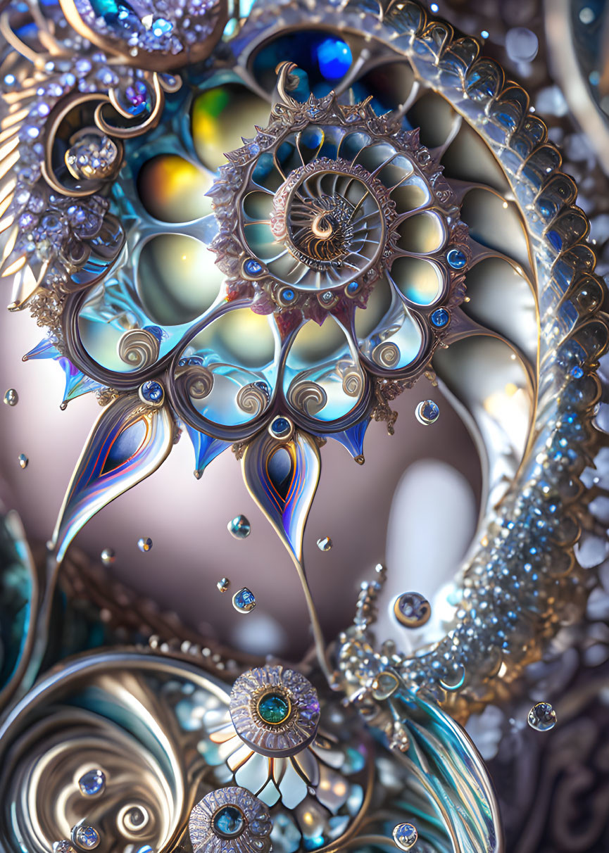 Detailed fractal art with metallic sheen and jewel tones in ornate design