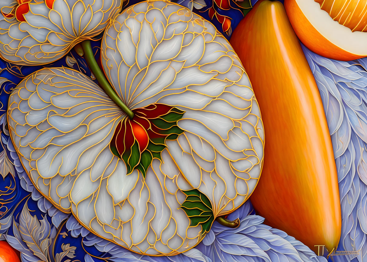 Detailed White Flowers and Golden Fruits Illustration on Blue Background