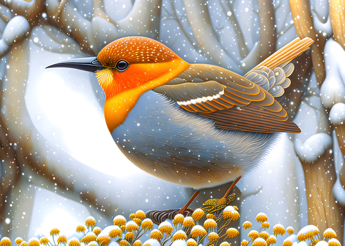 Colorful Bird on Flowers with Snowy Branches in Background