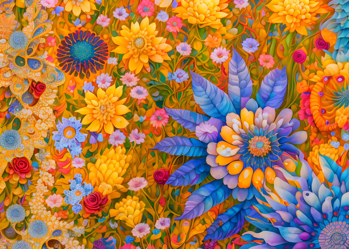 Colorful Floral Pattern with Orange, Blue, Yellow, and Pink Flowers