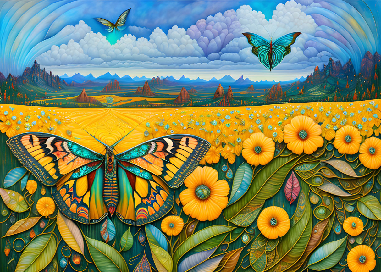 Vibrant butterflies over sunflower field with rolling hills