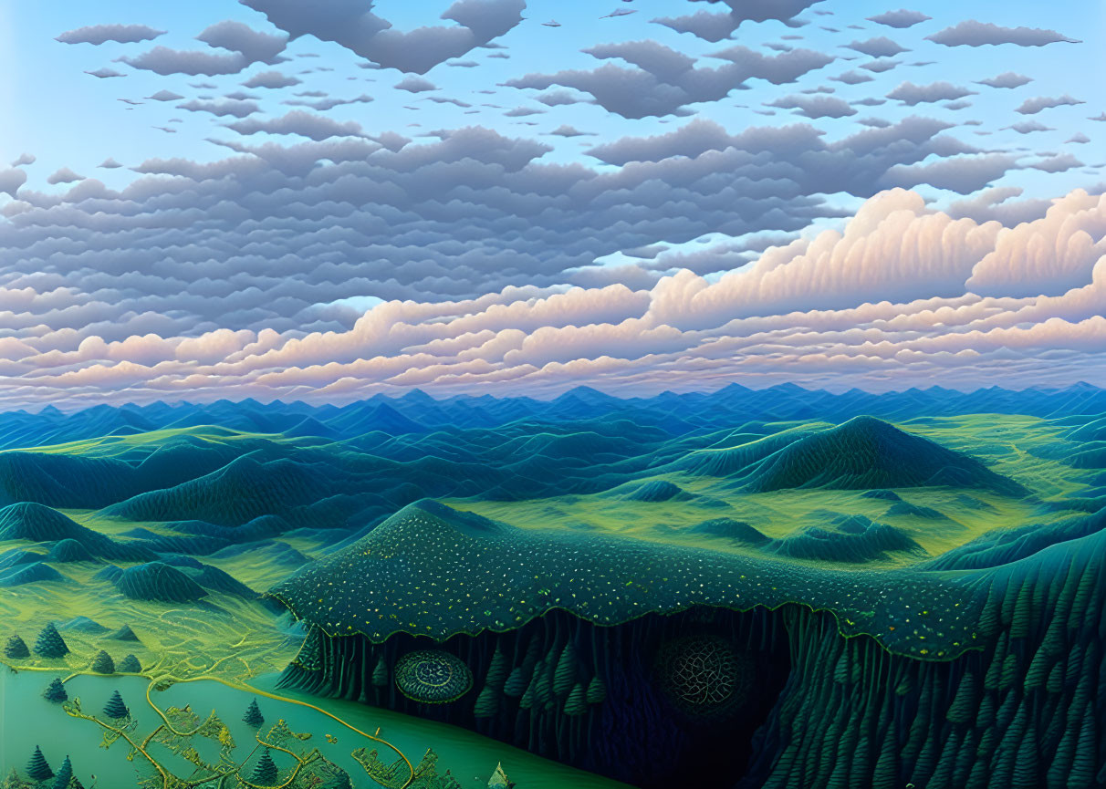 Surreal landscape with green hills, whimsical trees, and day-to-night sky