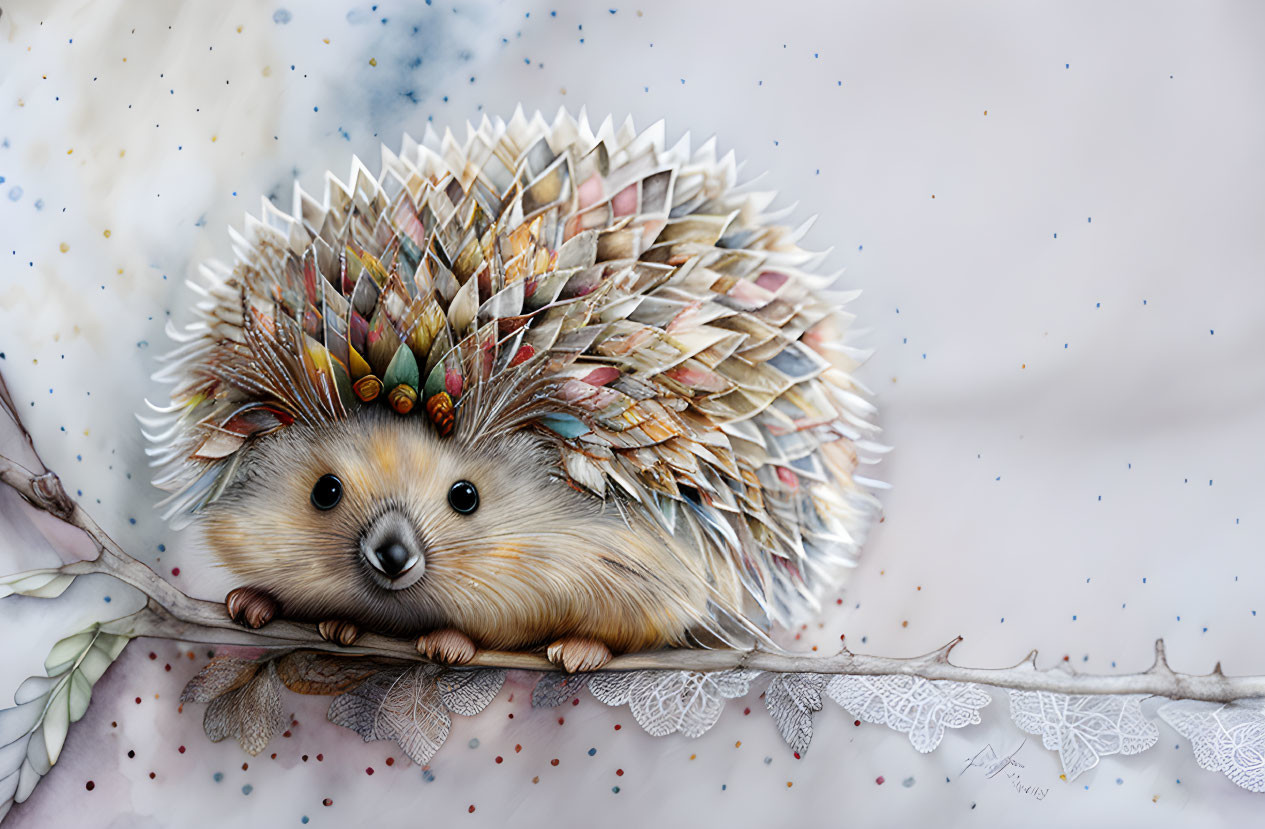 Colorful hedgehog illustration perched on branch in soft background