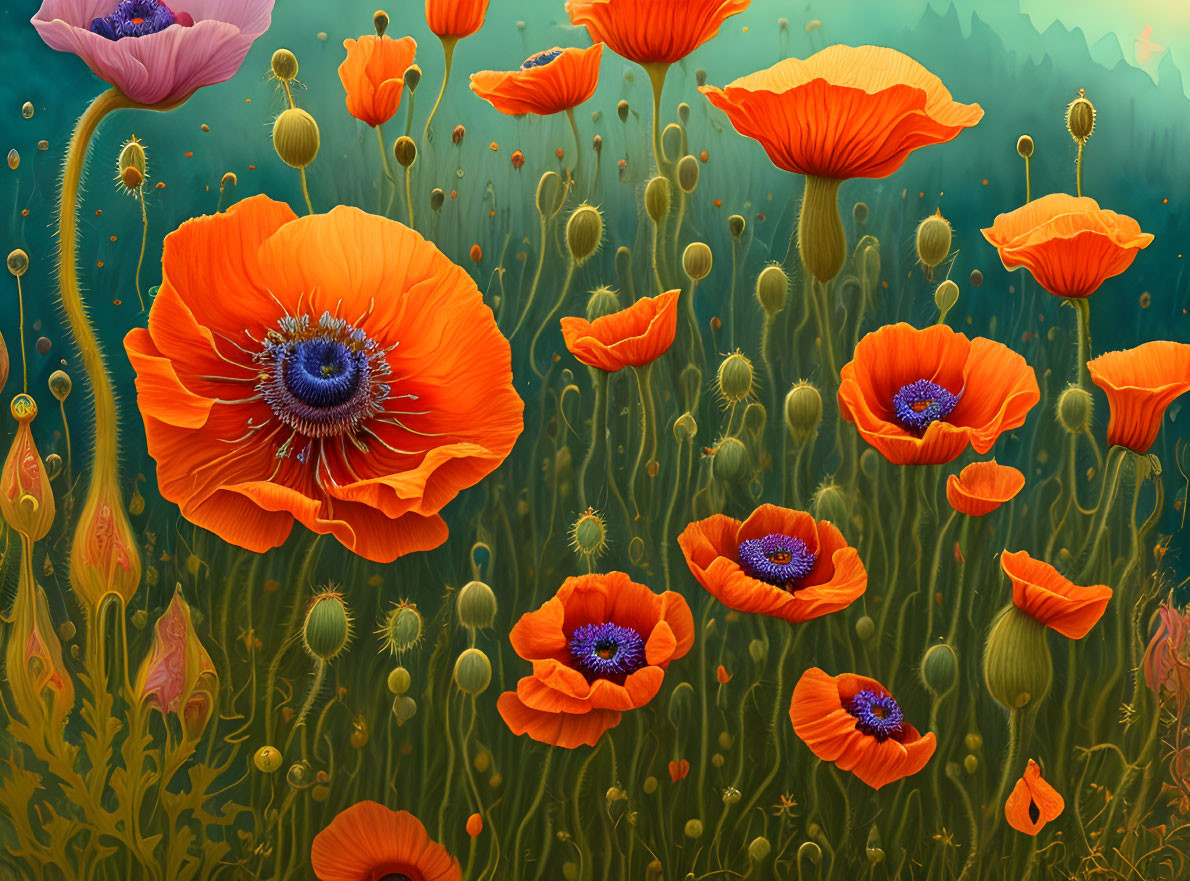 Bright Orange Poppies with Blue Detail on Teal Background