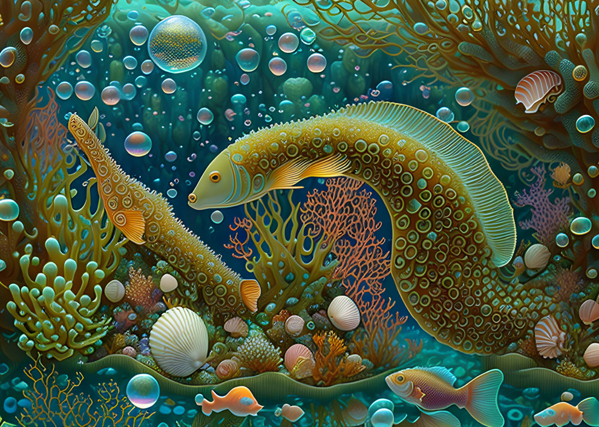 Colorful underwater scene with stylized eel, coral, fish, and bubbles