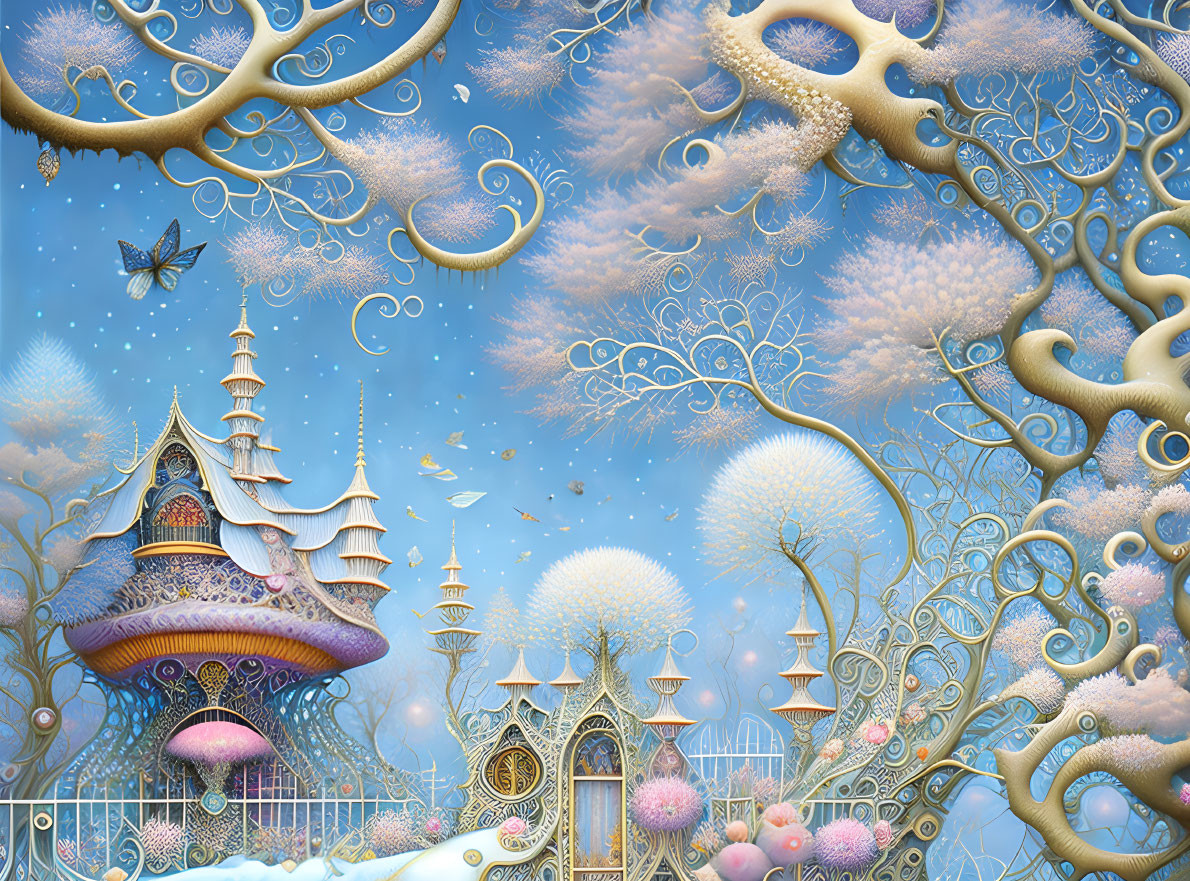 Fantasy landscape with ornate trees, butterfly, and fairy tale castle