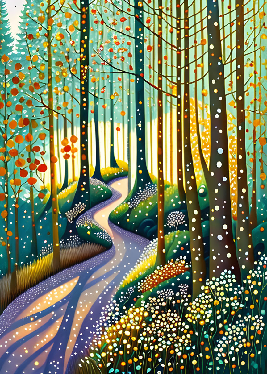 Colorful Forest Painting with Winding Path and Blooming Flora
