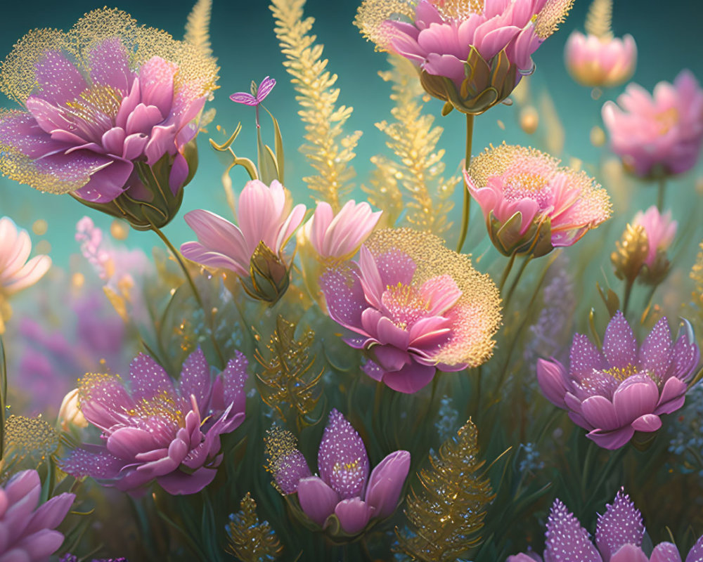 Pink Flowers with Dewdrops in Wheat-like Plants on Teal Background