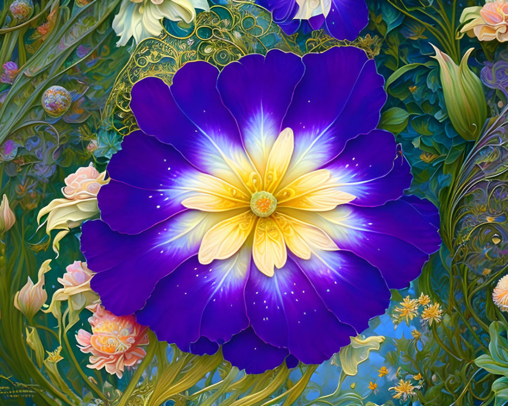 Colorful digital artwork of large purple and blue flower on lush green background.