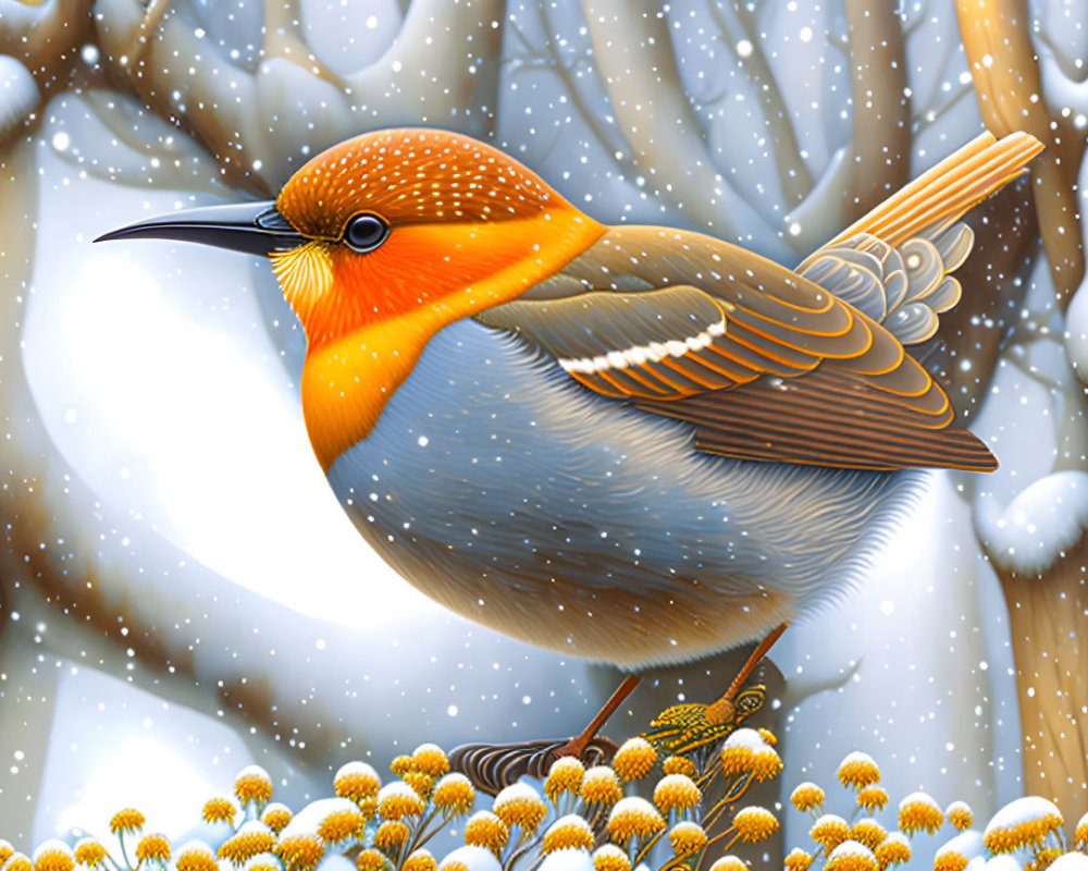 Colorful Bird on Flowers with Snowy Branches in Background