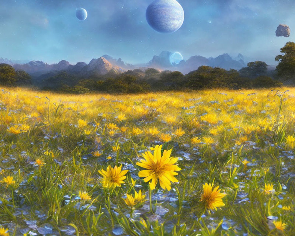 Yellow flowers field with large surreal planets in the background