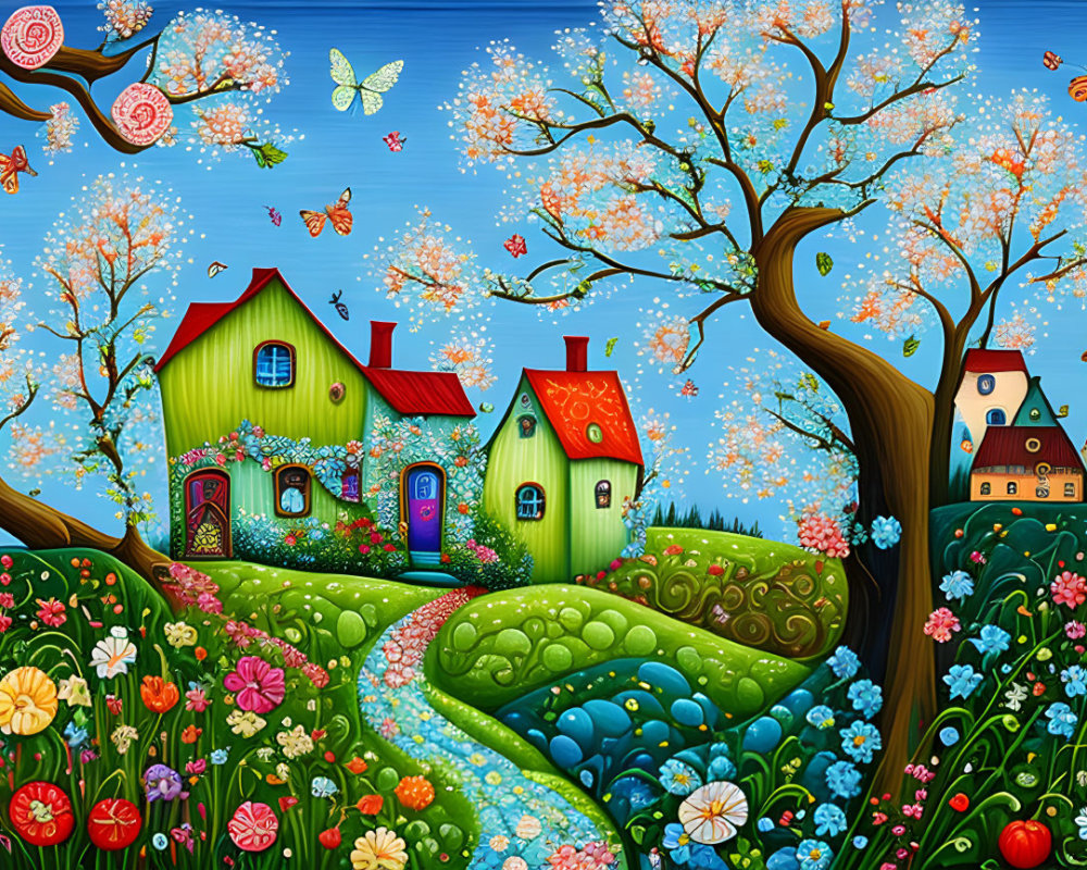 Colorful Stylized Landscape with Houses, Trees, and Butterflies