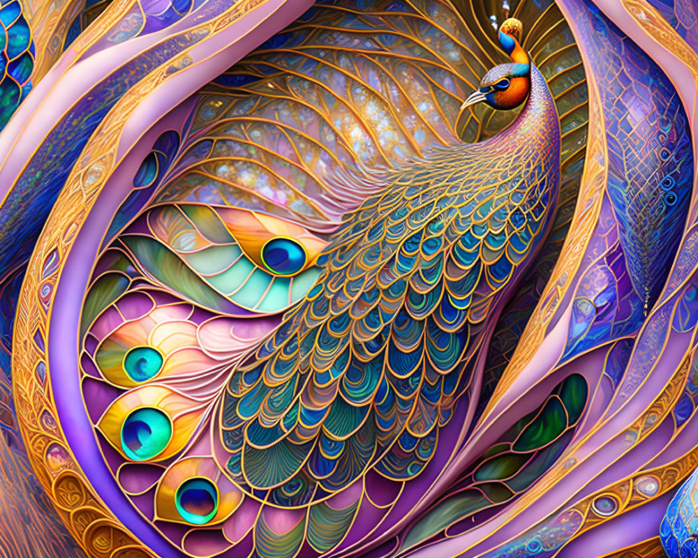 Colorful peacock illustration with elaborate feathers in blues, greens, and golds.