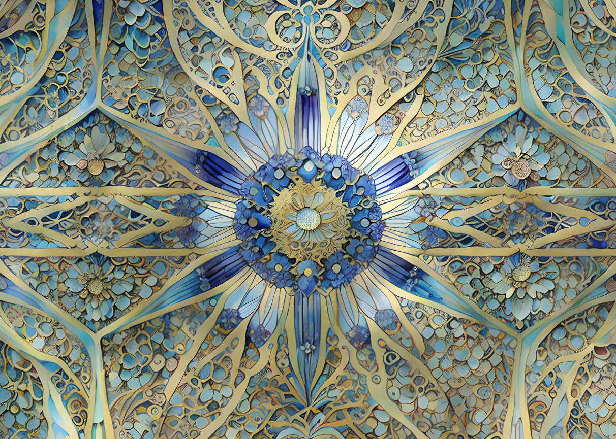 Symmetrical floral patterns in gold, blue, and turquoise on vaulted ceiling