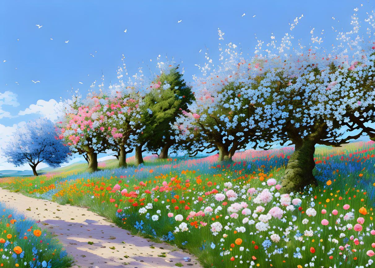 Colorful Spring Landscape with Cherry Trees, Wildflowers, Sky, and Birds
