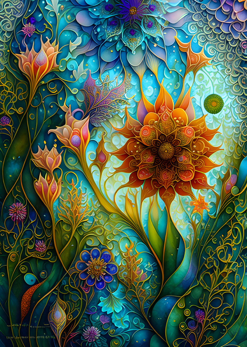 Colorful Floral Artwork with Orange Blossom on Teal Background