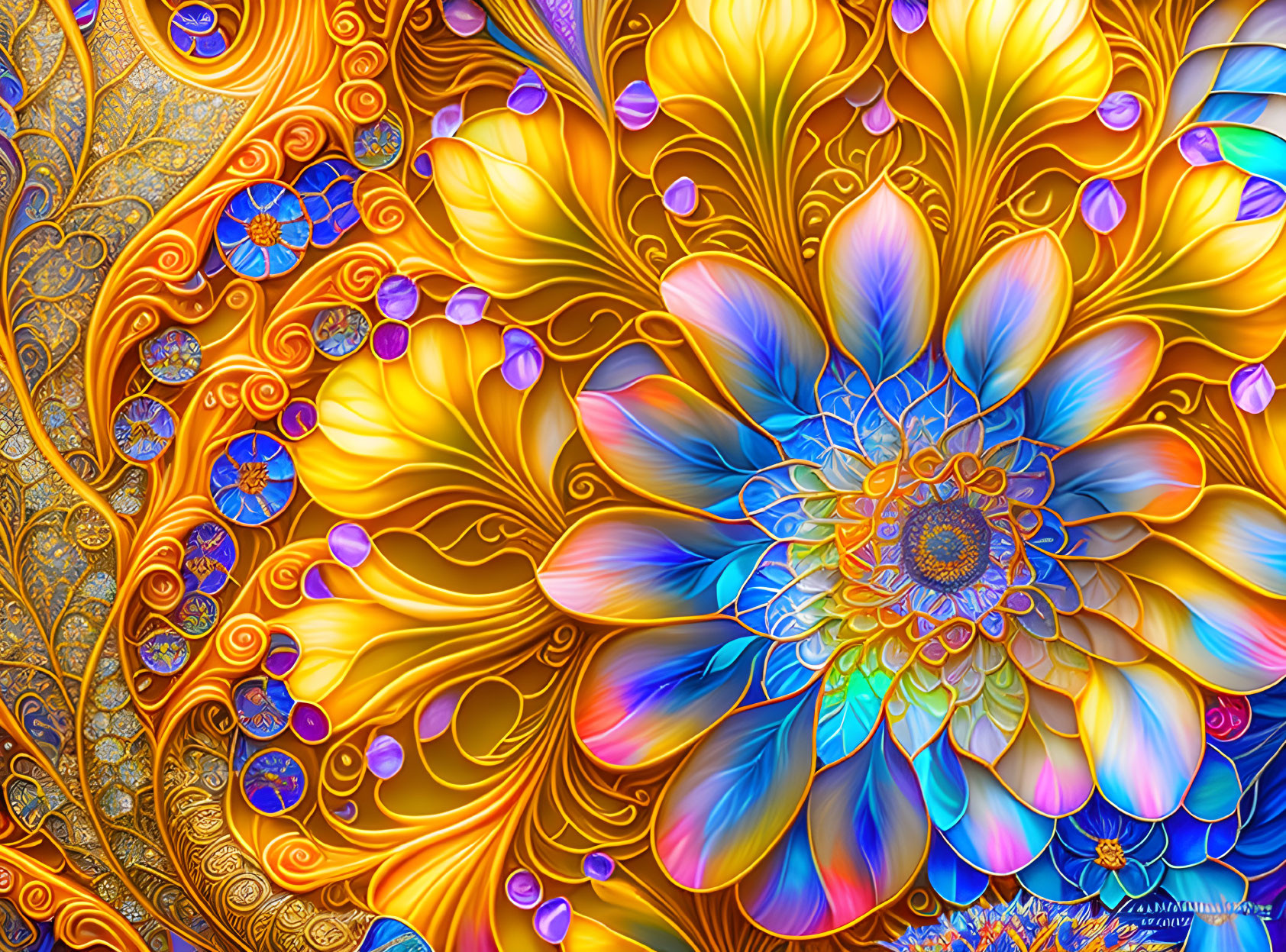 Colorful digital artwork: ornate fractal patterns in jewel tones